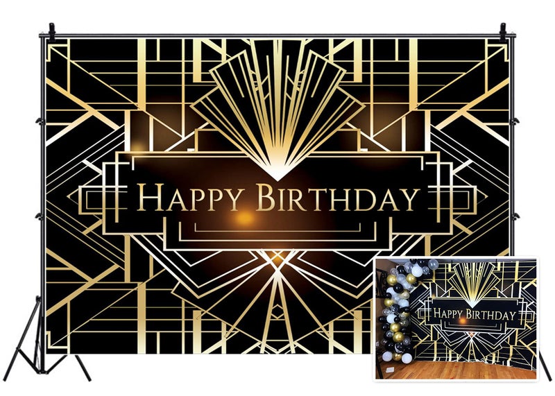 Leyiyi 8x6.5ft Luxurious Photography Backdrops Luxury Geometric 1920s Black and Gold Background Happy Birthday Backdrop Banner for Photography or Party Decoration - Image 1